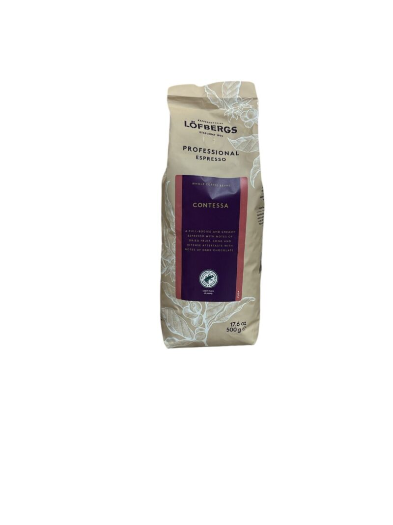 Löfbergs Contessa Espresso er en fyldig og cremet espresso med noter af tørret frugt. Lang og intens eftersmag med noter af mørk chokolade. Arabica & Robusta Espresso kaffe